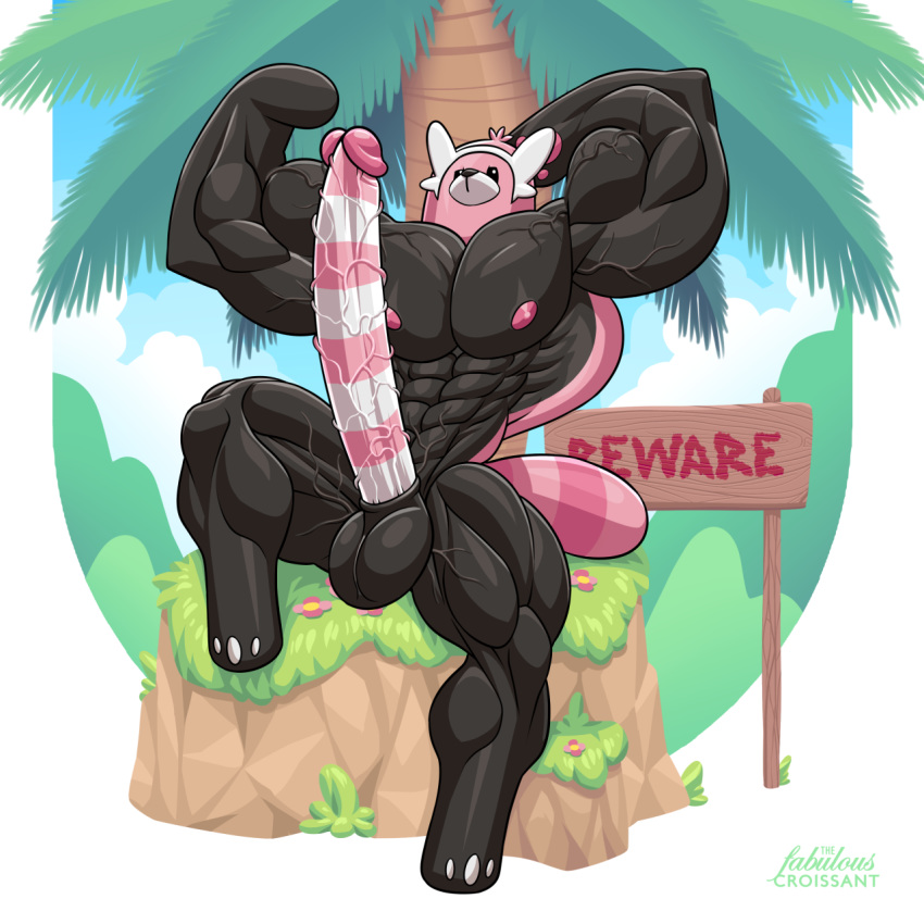 1boy abs anthro bear bewear black_eyes black_fur breasts erection feet flexing furry grass half-closed_eyes huge_cock humanoid_penis hyper hyper_penis large_testicles leg_up looking_at_viewer male_only mammal muscles muscular muscular_male nintendo nipples nude outdoors palmtree paws penis pink_fur pokemon pokemon_sm sign sitting solo striped_penis stripes tail testicles the_fabulous_croissant thick_thighs white_fur