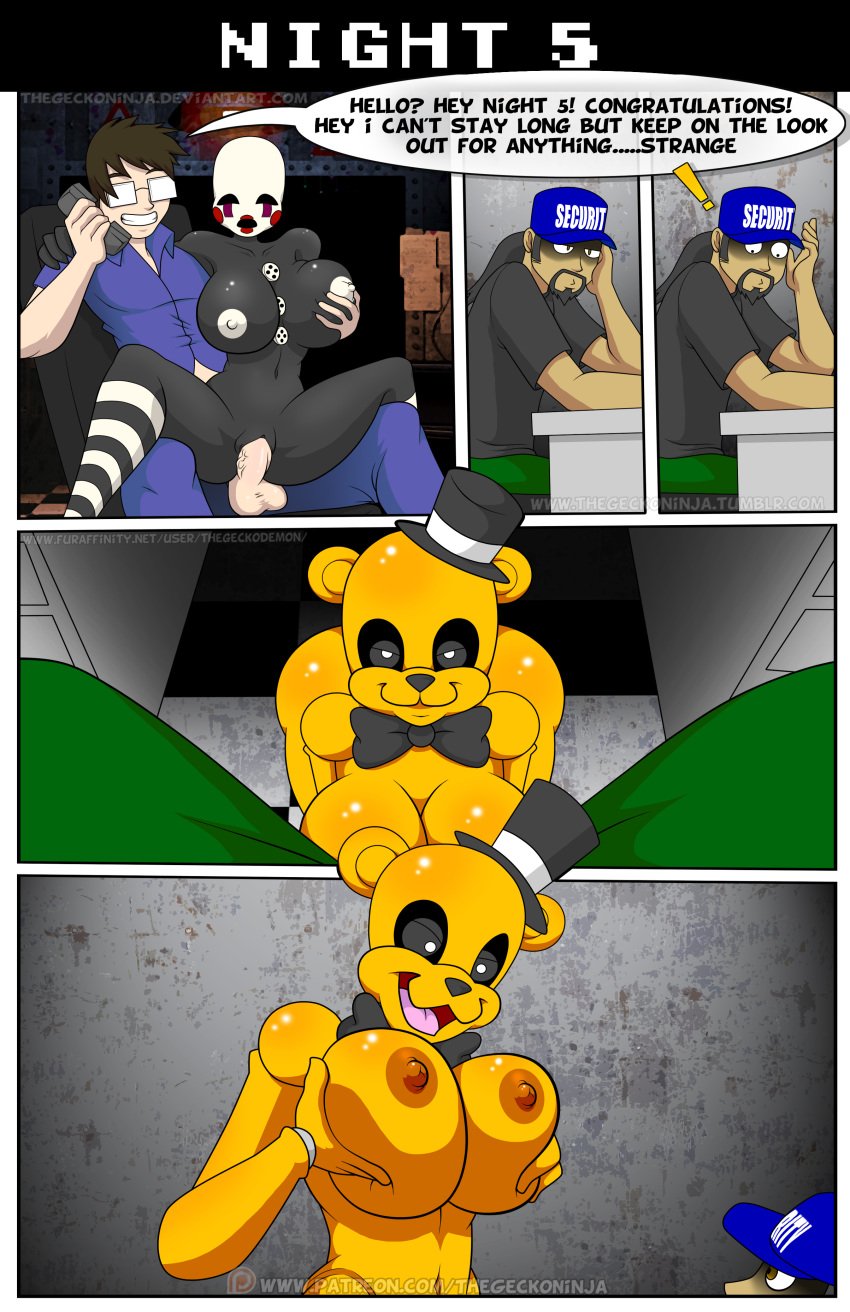 ! ? animatronic areola ball bear beard big_breasts black_eyes black_hair black_sclera breasts brown_hair comic english_text eyewear facial_hair five_nights_at_freddy's five_nights_at_freddy's_2 fur glasses gold_fur golden_freddy golden_freddy_(fnaf) hat human humanoid machine mammal marionette_(fnaf) moustache necktie nipples open_mouth penetration penis ponytail puppet_(fnaf) pussy robot sex smile straight teeth text thegeckodemon thegeckoninja tied_hair tongue vaginal_penetration