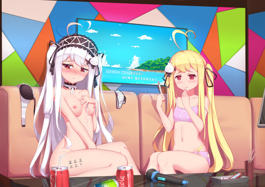 2girls :p absurdres ahoge between_legs blonde_hair blush body_writing bra bra_removed breasts can coca-cola couch full-face_blush hair hand_between_legs hand_to_own_mouth heart_ahoge highres long_hair microphone multiple_girls naughty_face navel niliu_chahui nipples nude original panties panties_removed pink_bra pink_panties popsicle_stick red_eyes ribbon silver_hair sitting small_breasts smile soda_can straw table tally television tied_hair tokisaki_asaba tokisaki_mio tongue tongue_out training_bra twintails two_side_up underwear very_long_hair 逆流茶会