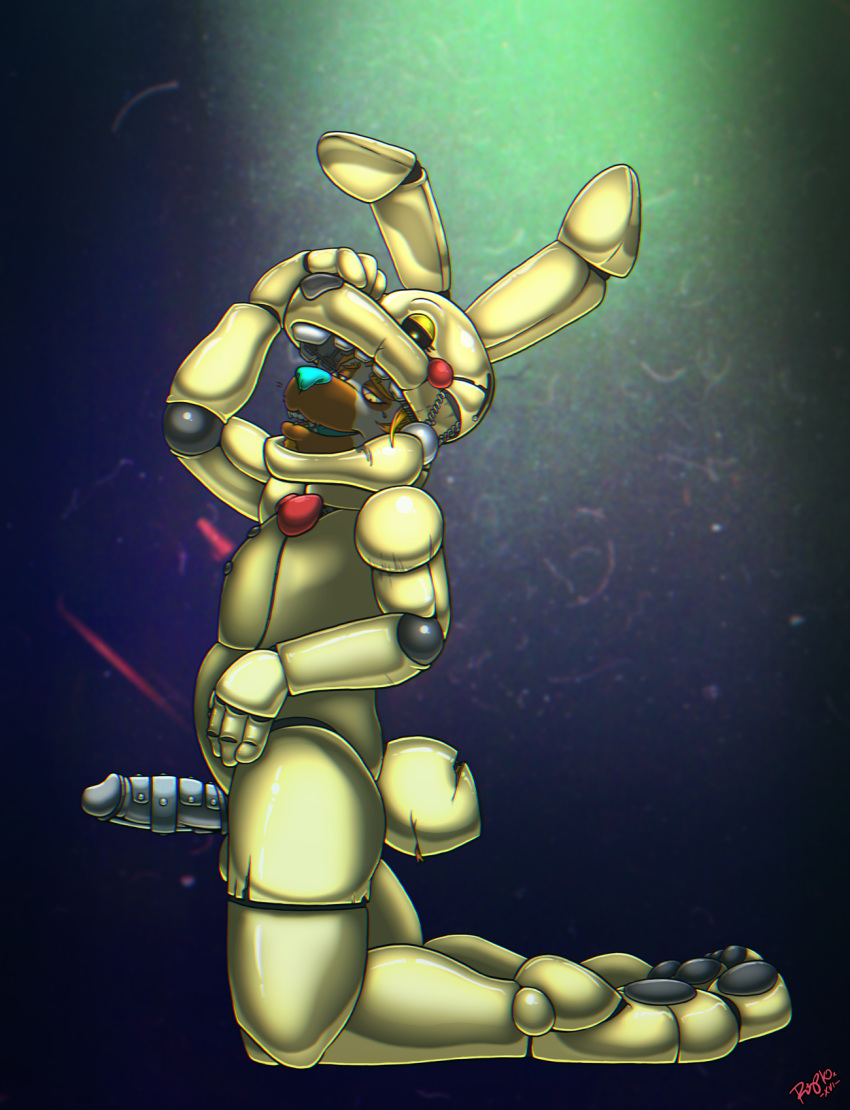 1boy 2016 animatronic anthro costume erection five_nights_at_freddy's fur furry green_nose highres hyena lagomorph machine male male_focus male_only mammal penis rabbit rip_k robot solo spring_bonnie spring_bonnie_(fnaf)