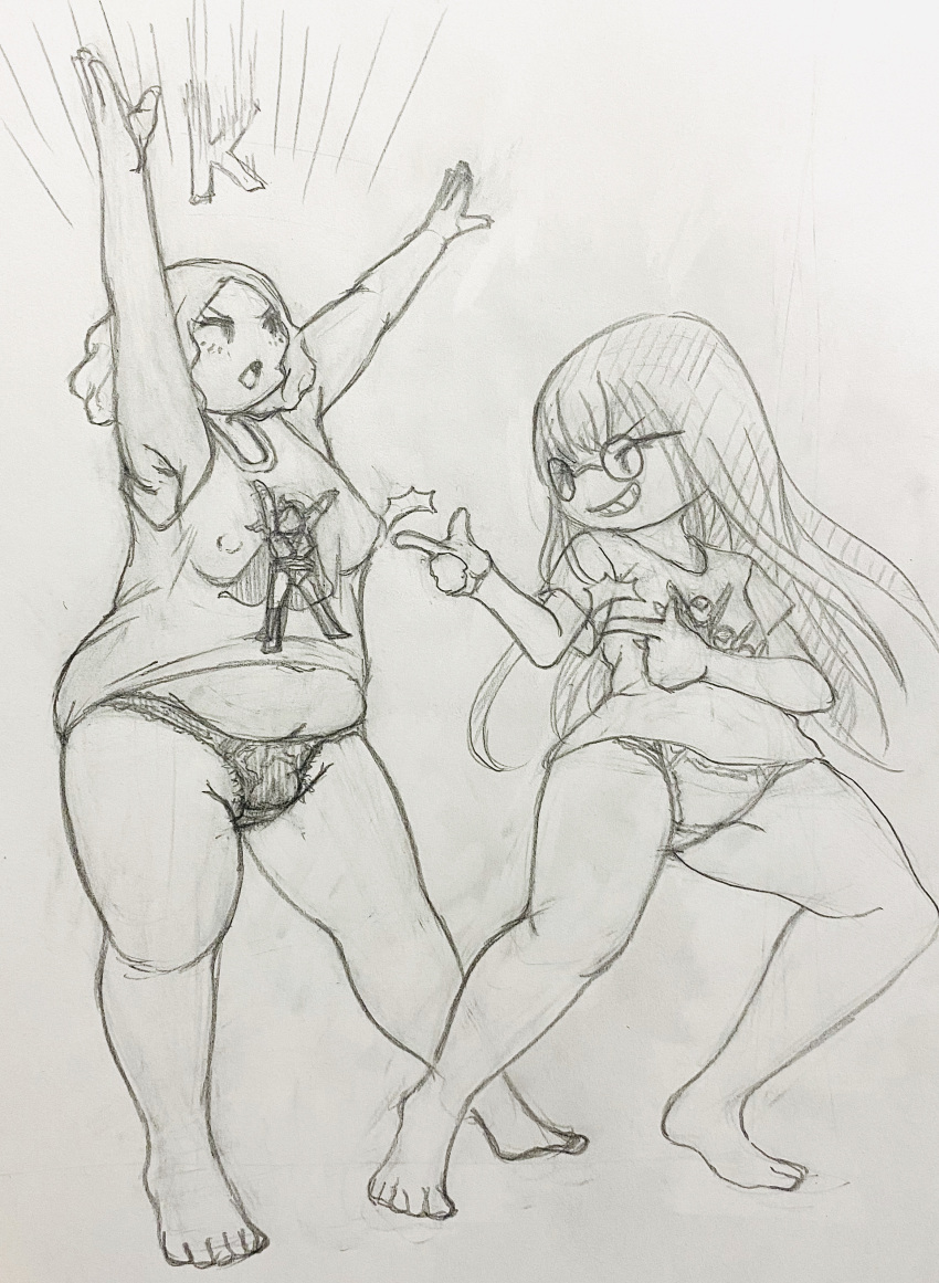 2girls armpits arms_up barefoot bbw black_and_white chubby erect_nipples excessive_pubic_hair female_only glasses haru_okumura mizuyama nipple_bulge nipples_visible_through_clothing no_bra panties persona persona_5 pubic_hair sakura_futaba smile