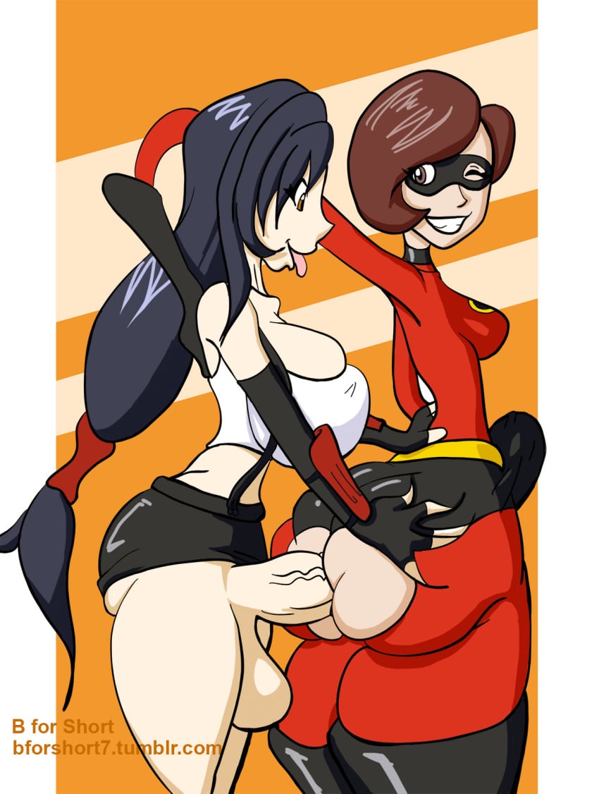 2futas anal armwear ass b_for_short big_ass clothing crossover disney elastigirl eyewear final_fantasy final_fantasy_vii footwear futa_on_futa futanari handwear helen_parr intersex large_ass legwear mask older_female penis pixar smooth_skin superheroine testicles the_incredibles tifa_lockhart younger_futanari younger_penetrating_older