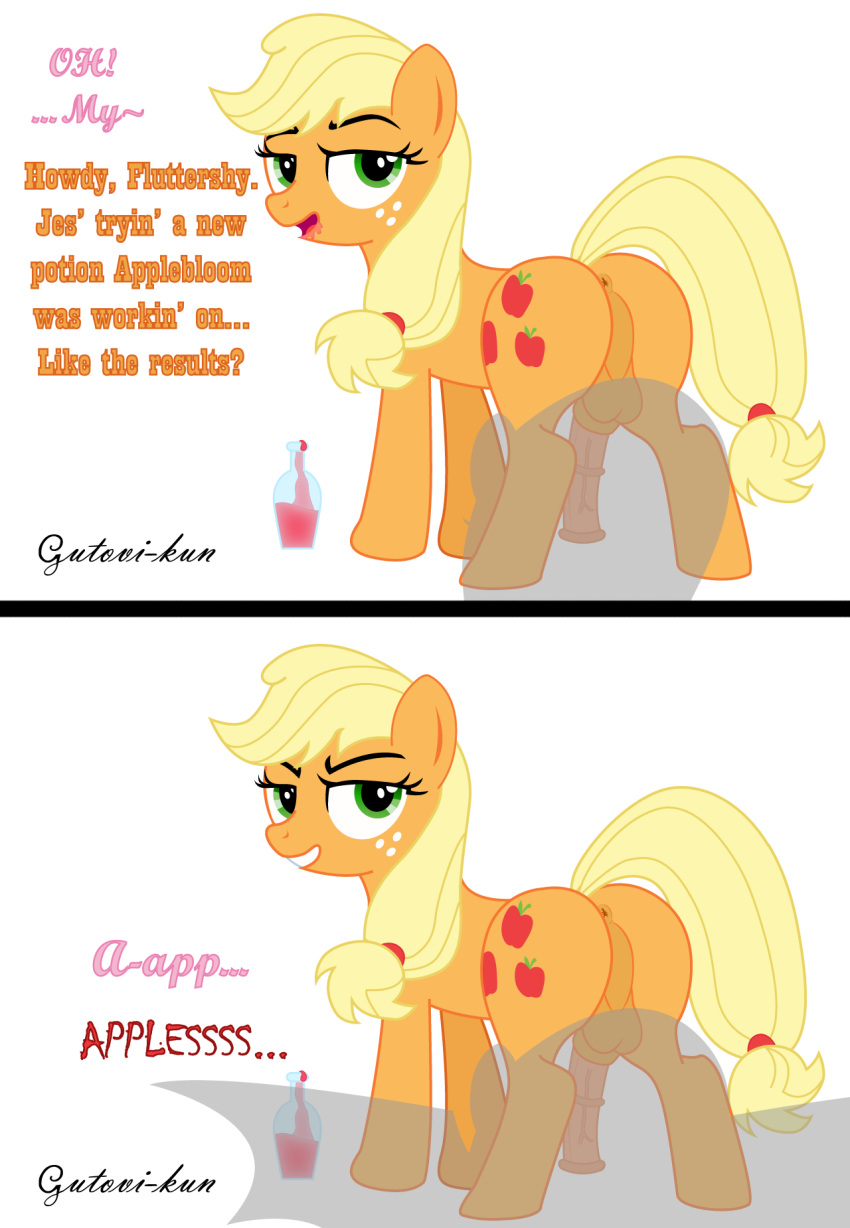 animal_genitalia animal_penis anus applejack_(mlp) balls comic cutie_mark dickgirl earth_pony equine equine_penis flutterbat_(mlp) fluttershy_(mlp) friendship_is_magic gutovi-kun horse horsecock intersex mammal my_little_pony penis pony potion presenting seductive_smile smooth_skin transformation