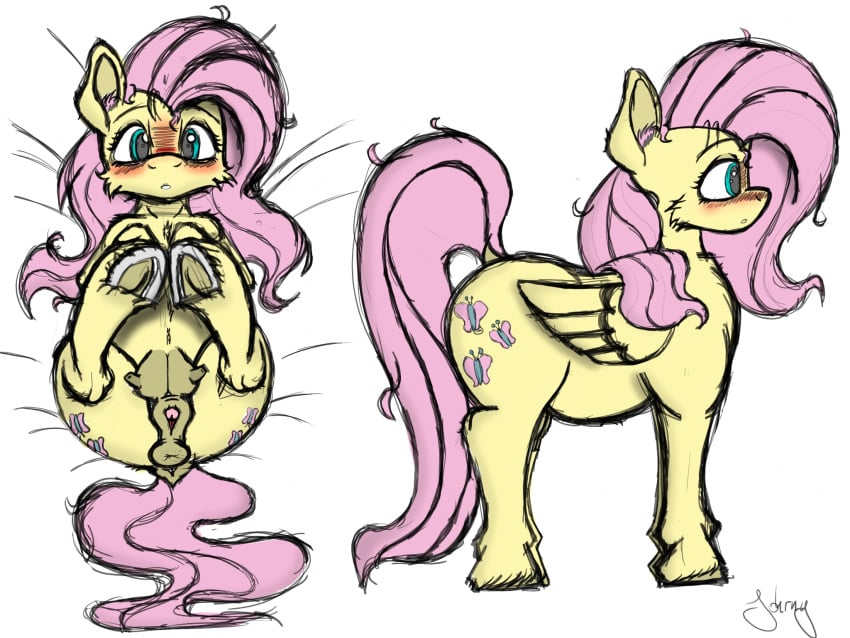 anatomically_correct anatomically_correct_genitalia anatomically_correct_pussy animal_genitalia animal_pussy anus ass blush breasts clitoral_winking clitoris crotchboobs crotchboobs_visible_through_thighs cutie_mark darkened_genitalia digital_media equid equine equine_genitalia equine_pussy feathered_wings feathers female feral fetlocks fluttershy_(mlp) friendship_is_magic fur genitals hair hasbro hi_res hooves horse inner_ear_fluff invalid_tag johrnyreport long_hair looking_at_viewer lying mammal messy_hair my_little_pony mythological_creature mythological_equine mythology nipples nude on_back open_mouth pegasus pink_hair pony pussy simple_background solo tail tuft wings yellow_body