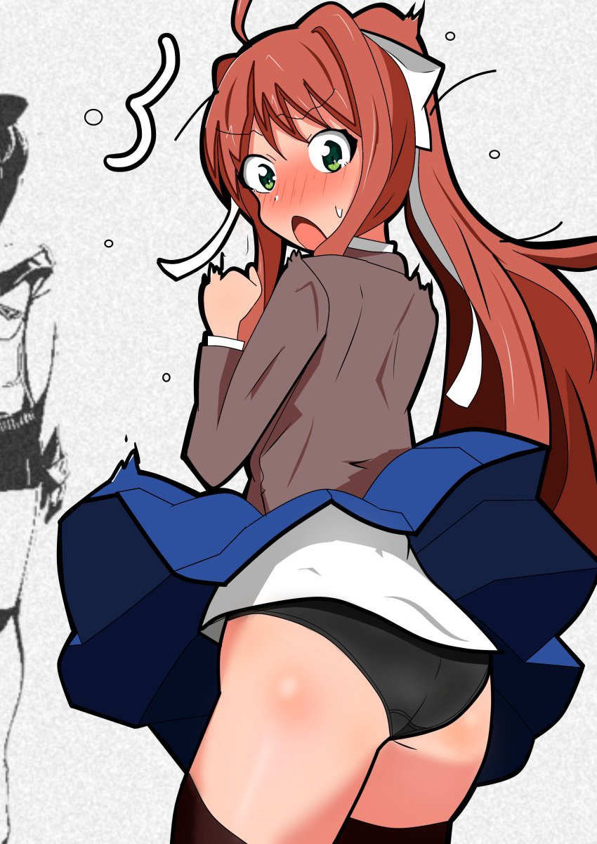 1female 1girls ass blue_skirt blush butt clothed clothes clothing doki_doki_literature_club embarrassed embarrassed_underwear_female euf female from_behind green_eyes long_hair monika_(doki_doki_literature_club) oh_god_what_happened panties ponoka2121 sayori_(doki_doki_literature_club) skirt underwear ぽのか_(pixiv_user_id_902546)