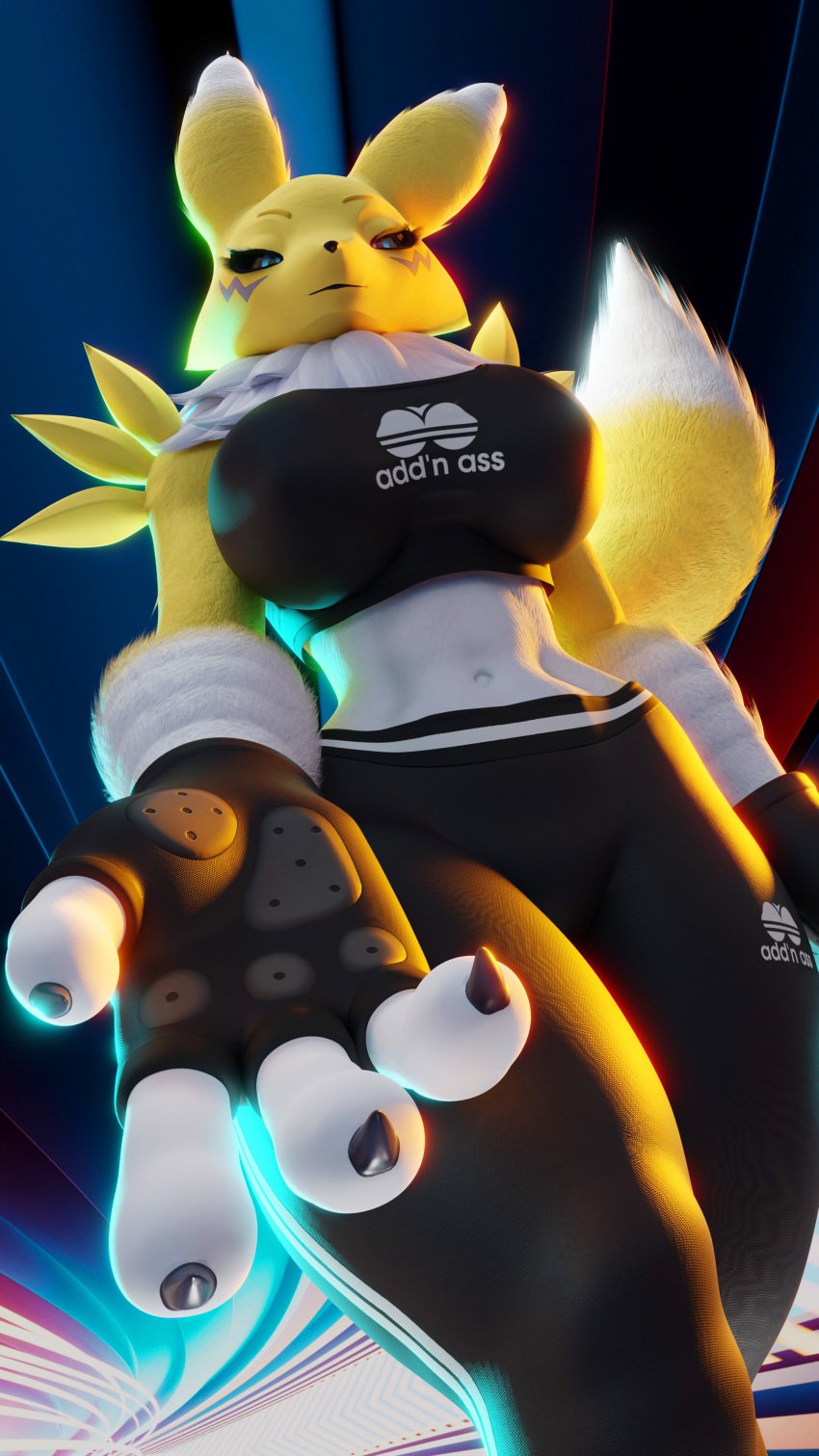 2020s 2024 3d 3d_(artwork) 4_fingers anthro anthro_only bandai_namco big_breasts big_thighs blue_eyes breasts clothed digimon digimon_(species) ear emotionless fever-dreamer fingerless_gloves fluffy_tail fully_clothed fur furry furry_female furry_only gloves gym_clothes gym_pants hi_res highres hips hourglass_figure large_breasts large_thighs long_ears looking_at_viewer navel pov renamon renamon_(dogzeela) slim_waist sports_bra sports_uniform tail thick_thighs thighs white_fur wide_hips yellow_fur