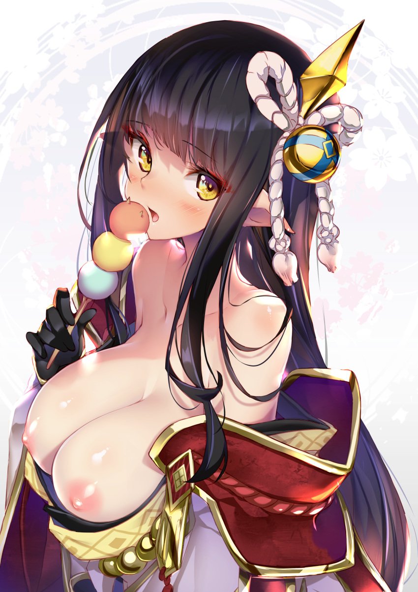 absurdres black_hair breasts breasts_out clothes_pull dango female_focus food hair_ornament highres hinoa hong_(white_spider) large_breasts long_hair looking_at_viewer monster_hunter_(series) monster_hunter_rise pointy_ears shirt_pull wagashi yellow_eyes