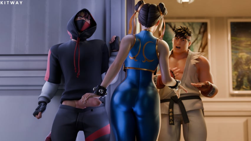 3d asian asian_female asian_male ass balls barely_visible_balls barely_visible_genitalia big_ass big_butt chun-li facemask female fortnite fully_clothed handjob ikonik kitway male mask masked masked_male multiple_boys penis ryu_(street_fighter)