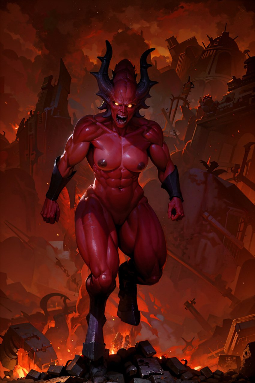 abs ai_generated angry biceps bloodletter bracers breasts chaos_(warhammer) chaos_daemon deltoids destruction female female fire fists glowing_eyes highres hooves horns khorne khorne_daemon knoworai looking_at_viewer muscular muscular_arms muscular_female muscular_thighs nipples nude pussy red_skin roaring ruins sharp_teeth small_breasts smoke solo solo_female stable_diffusion walking warhammer_(franchise) warhammer_40k wide_hips