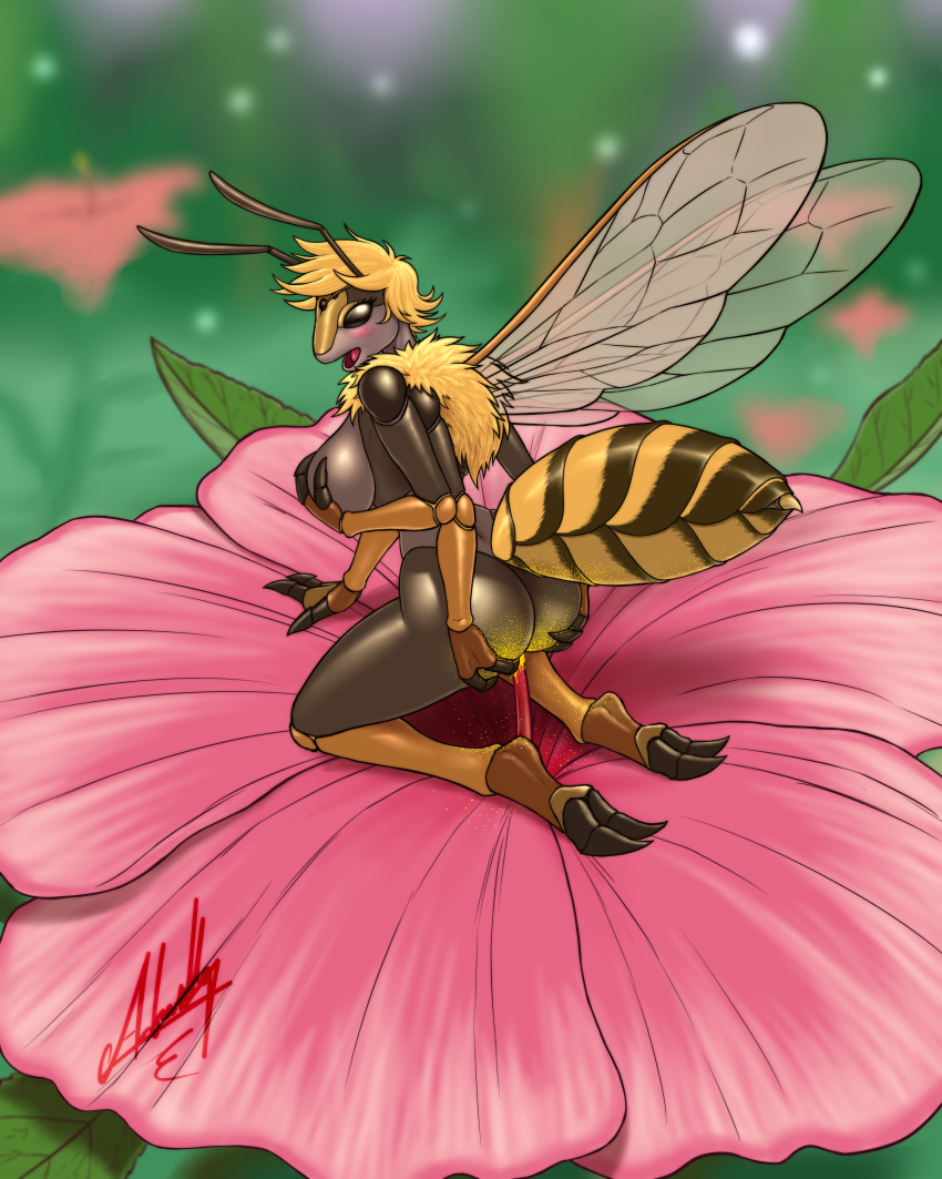 4:5 absurd_res antennae_(anatomy) anthro arthropod arthropod_abdomen ass bee big_breasts big_butt black_eyes blonde_hair blush breasts claws female flower growingdragon hair hi_res hymenopteran insect_wings insects kneeling masturbation micro multi_arm multi_limb neck_tuft non-mammal_breasts nude open_mouth penetration plant pollen solo spread_butt spreading stamen tuft vaginal_masturbation vaginal_penetration vaginal_penetration wings