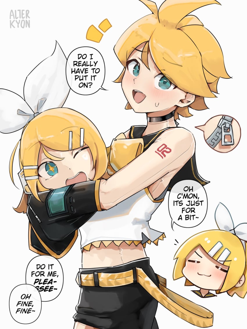 1boy ahoge alterkyon bare_shoulders blonde_hair blue_eyes crop_top crop_top_overhang female highres kagamine_len kagamine_rin mask midriff open_mouth original otoko_no_ko sailor_collar shorts zipper