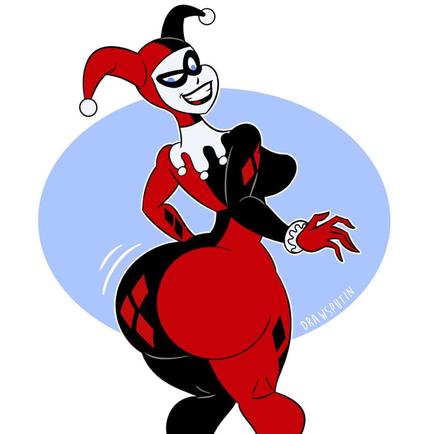 1girls ass ass_shake batman_(series) big_ass blue_eyes breasts dc_comics drawsputin fat_ass female_only harley_quinn harley_quinn_(classic) huge_ass large_breasts lipstick looking_back smile solo