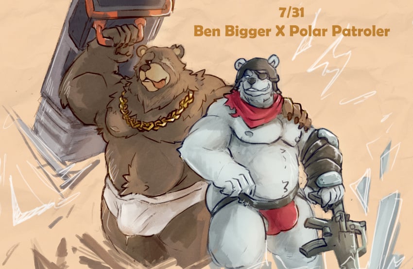 2024 anthro armor bear belly ben_bigger bodily_fluids brown_body brown_fur chain_necklace character_name clothed clothing duo epic_games eye_patch eye_scar eyewear facial_scar fortnite fur galrock genital_fluids headgear helmet hi_res holding_object holding_weapon jewelry kerchief leaking_through_clothing male male/male mammal mihoyo neckerchief necklace orange_background overweight overweight_male polar_bear polar_patroller precum scar simple_background underwear underwear_only ursine weapon white_body white_fur zenless_zone_zero