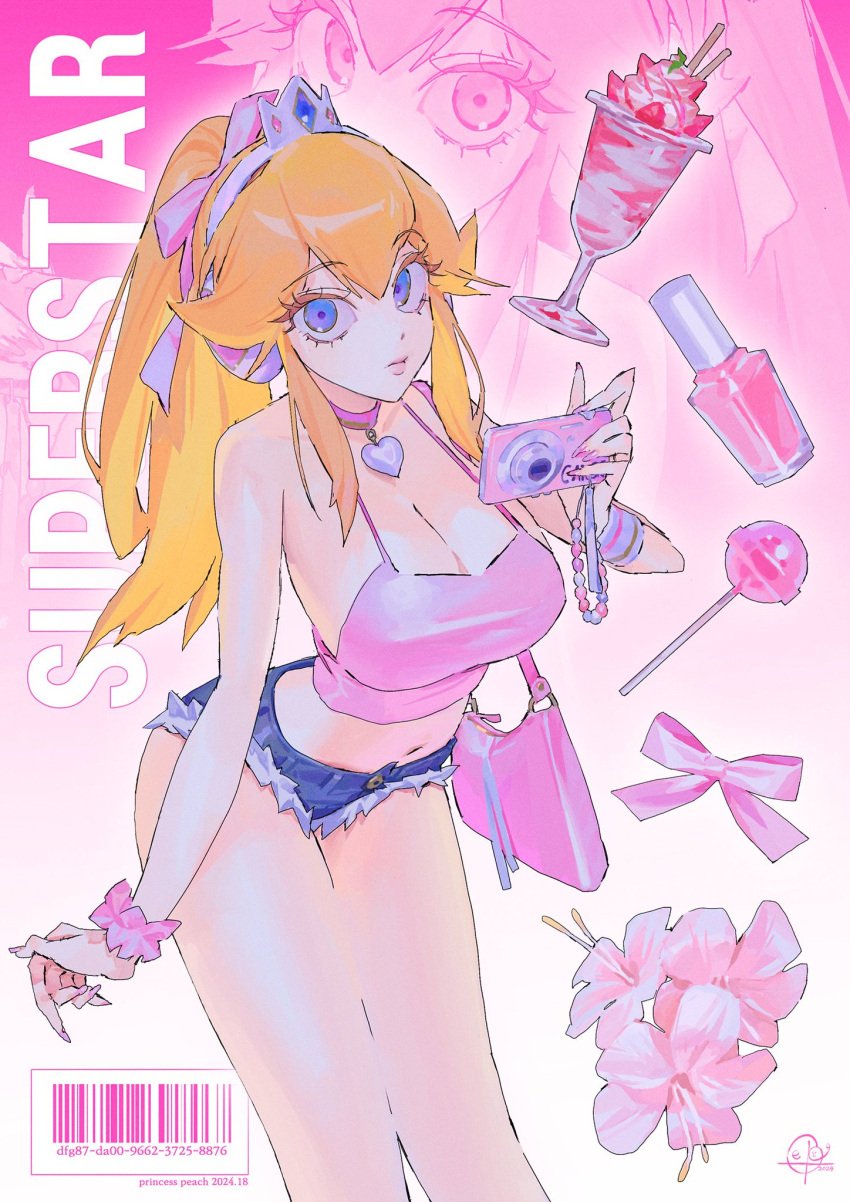 big_breasts blonde blonde_hair bow bowtie camera choker jean_shorts jeans lollipop mario_(series) mito609 nintendo pink_clothing posing posing_for_the_viewer princess_peach short_shorts shorts sundae super_mario_bros. thick_thighs