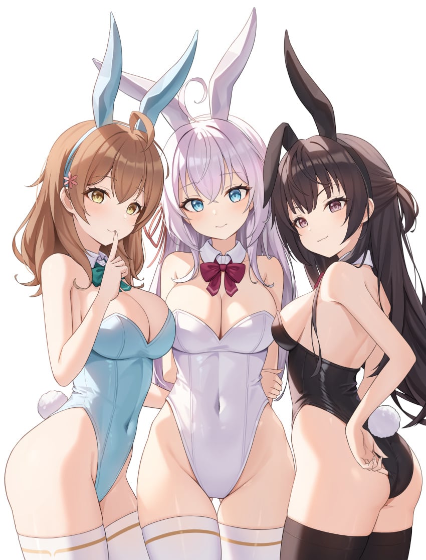 ahoge alisa_mikhailovna_kujou armpits ass ass_visible_through_thighs bare_arms bare_shoulders belly_button_visible_through_clothing big_breasts black_leotard black_thighhighs blue_eyes blue_leotard blush breasts brown_eyes brown_hair bunny_ears bunny_tail bunnysuit cleavage closed_mouth detached_collar finger_to_mouth groin hair_ornament halonakoma9 highleg highleg_leotard leotard long_hair maria_mikhailovna_kujou pointy_chin russian sideboob small_breasts smile strapless strapless_leotard suou_yuki thighhighs thighs tokidoki_bosotto_russian_de_dereru_tonari_no_alya-san white_hair white_leotard white_thighhighs yellow_eyes zettai_ryouiki