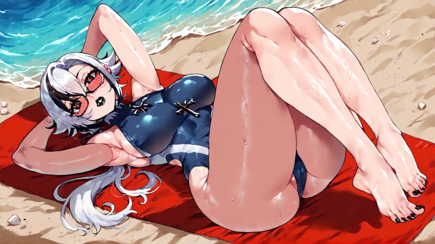 1girls ai_generated arlecchino_(genshin_impact) artist_name beach beach_towel black_toenails eyeglasses feet female genshin_impact hoyoverse imperfectai mihoyo one-piece_swimsuit red_eyes sand solo sweaty swimsuit thiccwithaq_(ai_style) thick_thighs white_hair