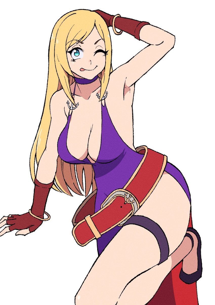 1girls arm_up artist_request belt big_breasts blonde_hair blue_eyes bonne_jenet cleavage dress female funny_face gloves heels king_of_fighters legwear light-skinned_female light_skin long_dress long_hair looking_at_viewer one_eye_closed one_leg_up pirate purple_dress shoes source_request thick_thighs thighs tongue tongue_out unknown_artist voluptuous voluptuous_female wide_hips