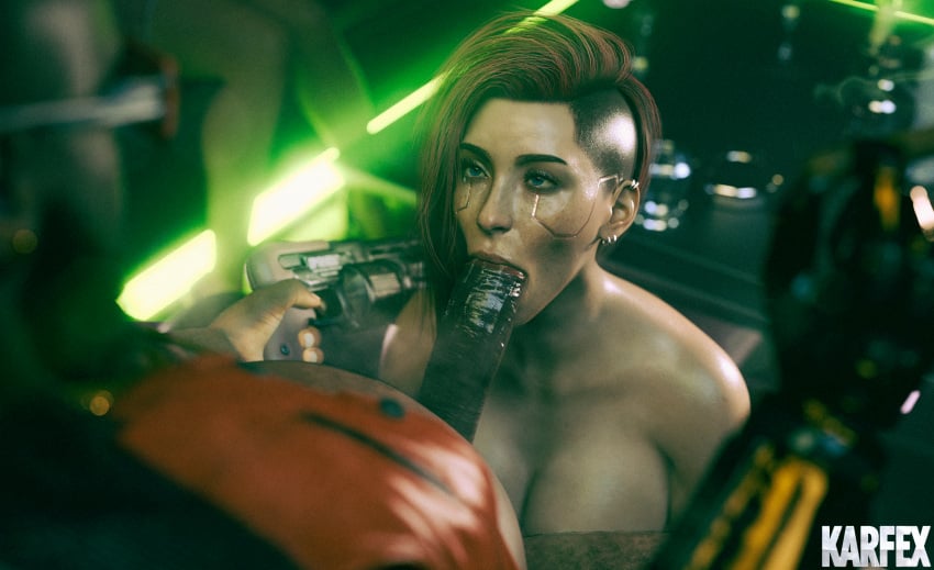 1boy 1girls 3d blowjob cyberpunk cyberpunk_2077 dark-skinned_male dexter_deshawn forced_oral freckles karfex oral original v_(cyberpunk_2077) wet