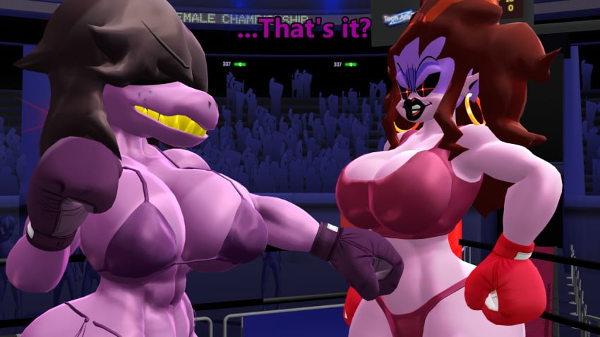 2024 2girls 3d 3d_(artwork) abs arena big_breasts big_thighs bikini boxing boxing_gloves boxing_ring crossover curvy curvy_female deltarune demon_girl dialogue duo earrings female female_only fighting fighting_ring freckles friday_night_funkin geekboy21 gloves indoors ineffective magenta_panties magenta_sports_bra mommy_mearest monster_girl muscular_female punching purple_bikini purple_boxing_gloves red_boxing_gloves red_eyes susie_(deltarune) text thick thick_hips thick_thighs thighs wide_hips yellow_teeth