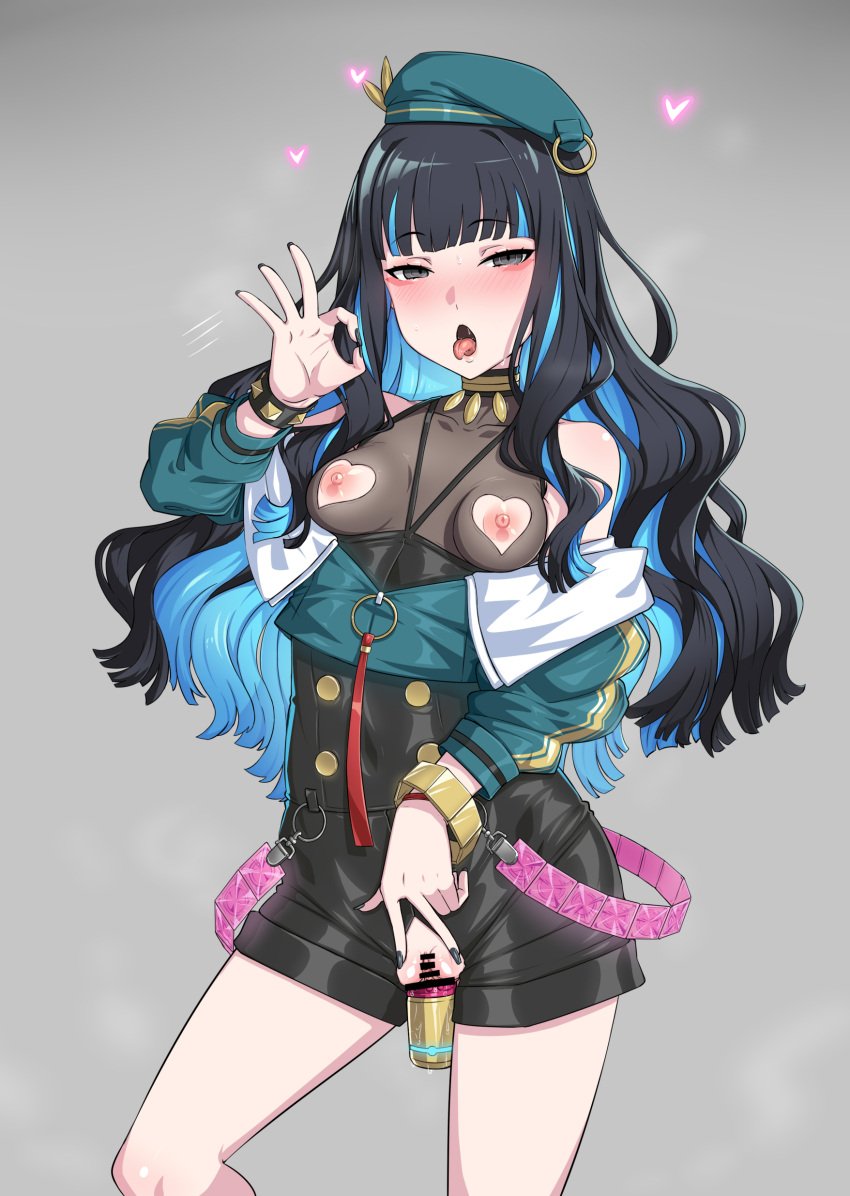 absurdres bare_shoulders beret black_hair black_shorts blue_hair blush bracelet breasts buttons censored clothing_cutout colored_inner_hair commission dildo double-breasted eyeliner fate/grand_order fate_(series) fellatio female gozaru green_hat green_jacket grey_eyes hat heart_cutout highres jacket jewelry long_hair long_sleeves looking_at_viewer makeup multicolored_hair neck_ring nipple_cutout nipples o-ring object_insertion off_shoulder oral pixiv_commission pussy round_eyewear sex_toy shorts sidelocks small_breasts solo tenochtitlan_(fate) tenochtitlan_(second_ascension)_(fate) thighs vaginal_object_insertion vaginal_penetration zipper