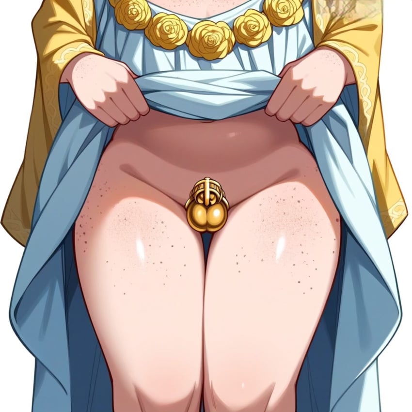 1boy ai ai_generated chastity_cage close-up exposing exposing_self femboy freckles lifting_skirt painter_(professorperv) pale-skinned_male pale_skin presenting presenting_penis robe robes small_penis solo thick_thighs