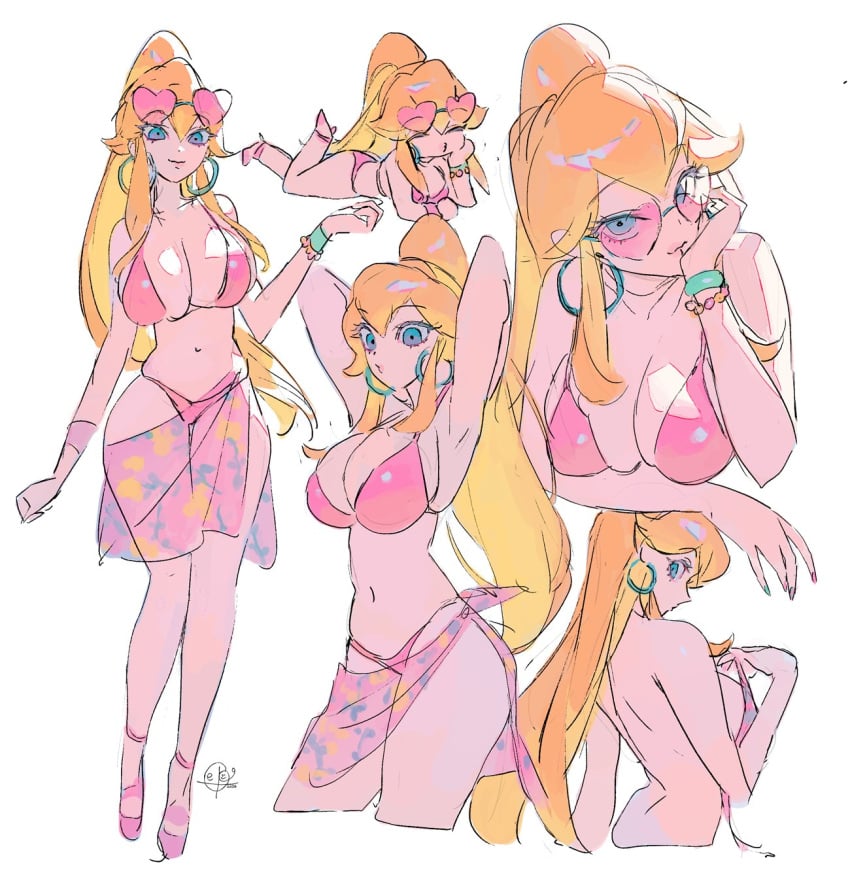 beach_outfit big_breasts bikini bikini_bottom bikini_top blonde blonde_female blonde_hair blonde_hair_female blue_eyes earring earrings mario_(series) mito609 nintendo pink_sunglasses pink_swimsuit princess_peach sunglasses super_mario_bros. tinted_eyewear yellow_hair