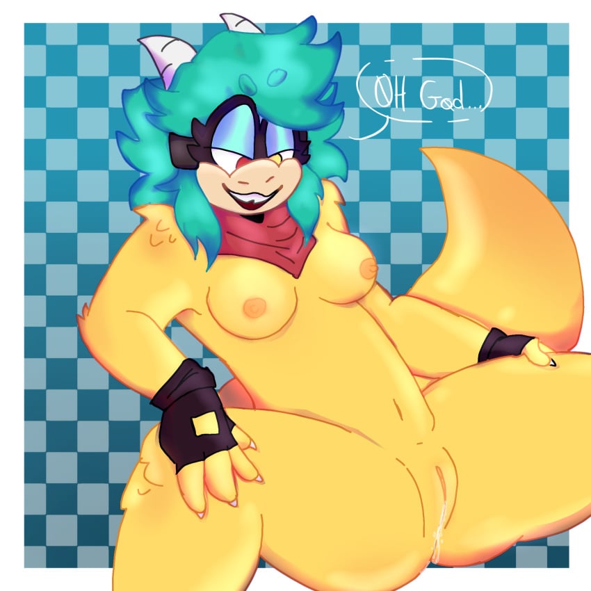 1girls breasts female koopa_girl koopa_oc koopaling nipples nude nude_female olwen_koopa pussy pussy_juice speech_bubble spread_legs uncensored