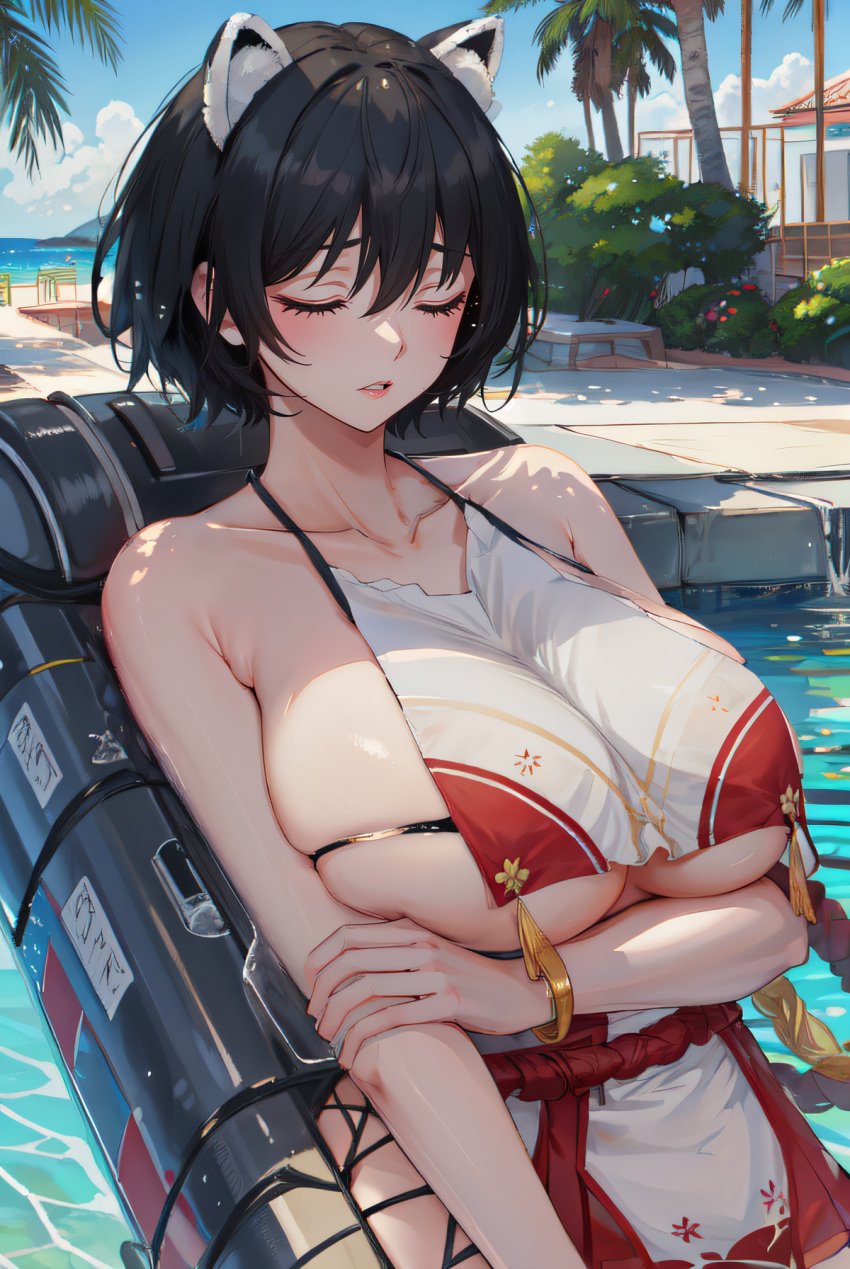 ai_generated big_breasts bikini black_hair blue_archive breasts collarbone female hair_between_eyes huge_breasts large_breasts revealing_clothes short_hair solo tsubaki_(blue_archive)