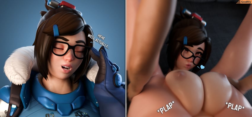 1girls 3d adjusting_glasses breasts breasts_out closed_eyes coat fur_trim glasses gloves instant_loss_2koma mating_press mei_(overwatch) naughty_face overwatch ponytail smitty34 tagme uniform unseen_character unseen_male