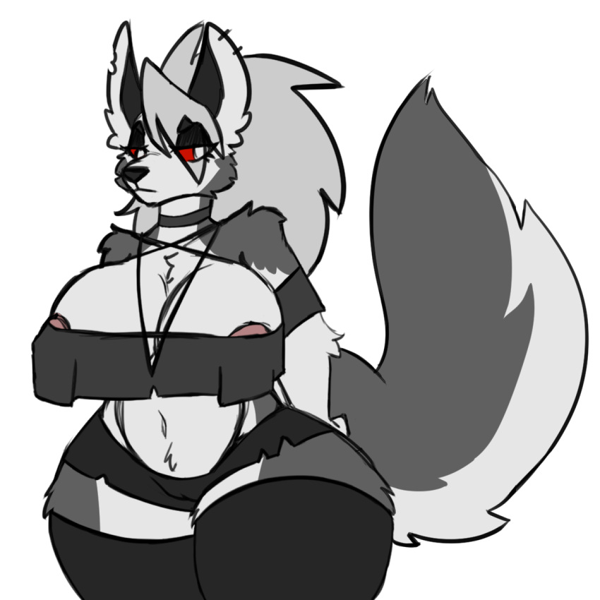 1:1 alrecsolus anthro areola areola_slip big_breasts bottomwear breasts camel_toe canid canid_demon canine clothing collar crop_top curvy_figure demon ear_piercing ear_ring female hair hair_over_eye hands_on_hips hellhound helluva_boss hi_res hotpants huge_breasts legwear loona_(helluva_boss) mammal mythological_canine mythological_creature mythology one_eye_obstructed piercing red_sclera ring_piercing shirt shorts solo thick_thighs thigh_highs topwear voluptuous