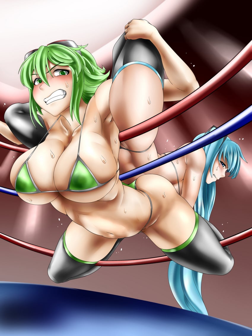 2girls bikini catfight hatsune_miku indoors megpoid_gumi original sirat string_bikini sweat vocaloid wrestling wrestling_ring wrestlingryona