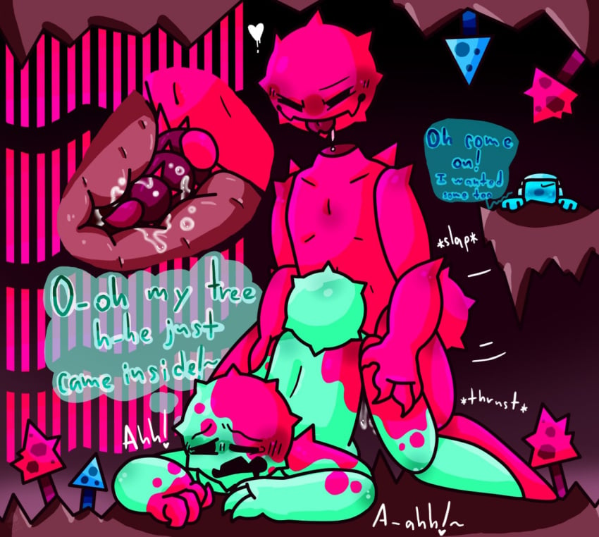 2boys 3boys anal anal_sex blush cave circle_head conversation cum cum_in_ass cum_inside cyan_body cyan_cube drool drool_string drooling gay gay_sex green_skin heart heart_symbol jsab just_shapes_and_beats lycan lycanthropy moaning moaning_in_pleasure non-human non-human_only peeping pink_body pink_skin spying talking thrusting thrusting_into_ass toony unusual_penis