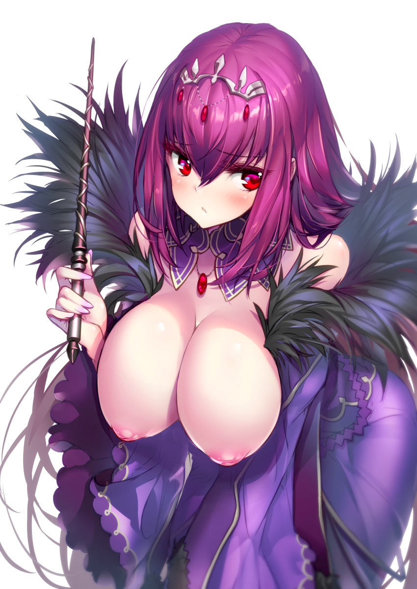 absurdres bare_shoulders blush breast_hold breasts cleavage crown dress embarrassed fate/grand_order fate_(series) female hanging_breasts headpiece heart heart-shaped_pupils highres hong_(white_spider) huge_filesize inverted_nipples large_breasts leaning_forward looking_away nail_polish nipples pout puffy_areolae purple_hair red_eyes scathach_(fate) scathach_skadi_(fate) solo symbol-shaped_pupils wand