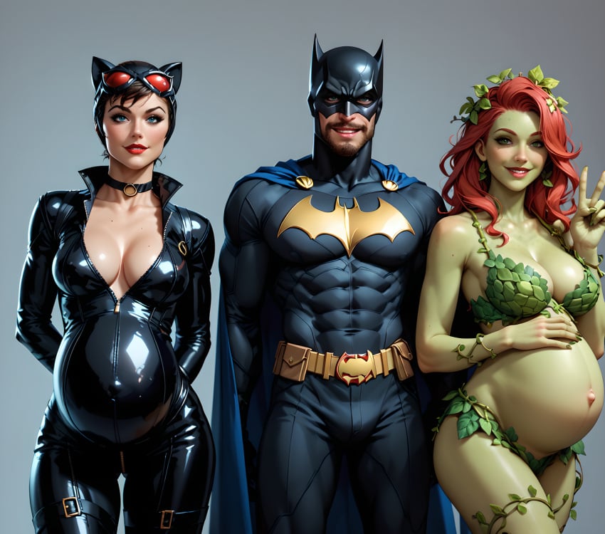 2girls1boy ai_generated batman black_latex catwoman dc_comics eogard_orc green_skin muscular_male plant_girl poison_ivy pregnant_belly pregnant_female red_hair standing victory_pose