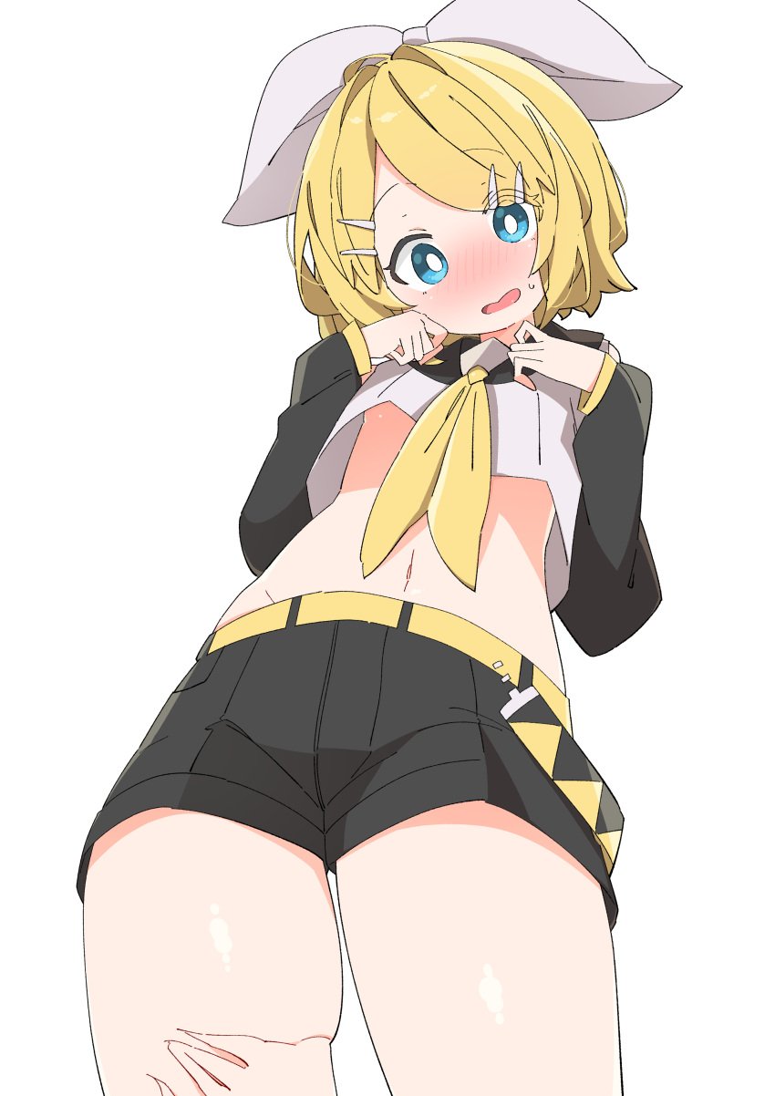 belly_button blush crop_top groping kagamine_rin looking_at_viewer looking_down low-angle_view midriff nervous shorts shy squeezing sweatdrop thick_thighs thigh_grab thighs uruti_2388 vocaloid