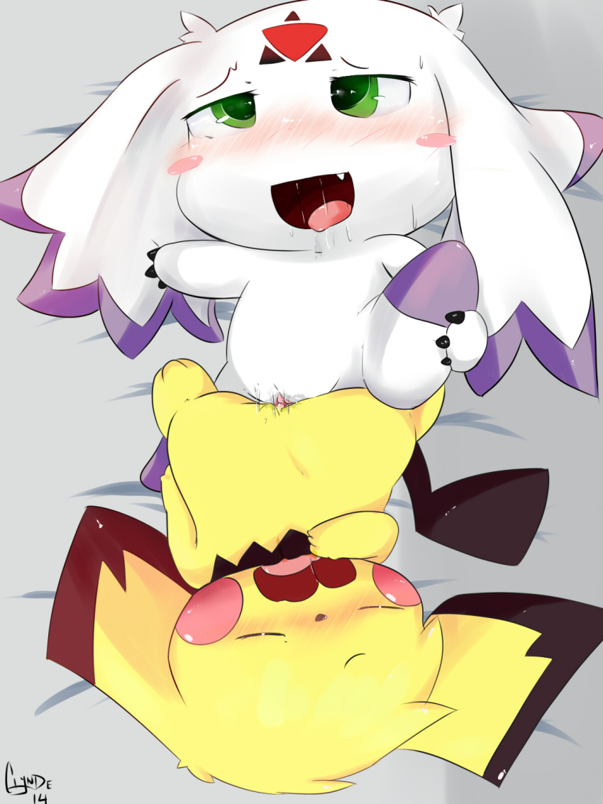 2girls bed blush closed_eyes clyndemoon crossover culumon digimon digimon_(species) digimon_tamers drooling duo female female_only fur furry furry_only green_eyes half-closed_eyes hi_res interspecies lying mammal nintendo open_mouth pichu pokémon_(species) pokemon pussy pussy_juice rodent saliva saliva_string sex tongue video_games yellow_fur yuri