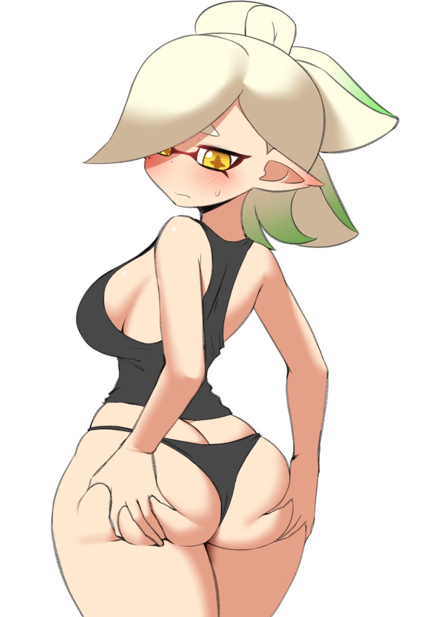 1girls ass ass_focus ass_grab black_panties black_tank_top blush blushing booty breasts embarrassed female female_only from_behind grabbing_ass grabbing_own_ass green_hair insecure light-skinned_female looking_back marie_(splatoon) medium_breasts nintendo nobunagapero panties pointy_ears sideboob simple_background solo splatoon splatoon_(series) sweat tank_top tentacle_hair two-tone_hair underwear white_background white_hair yellow_eyes