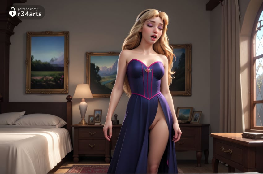 1girls ai_generated disney disney_princess medium_breasts no_panties open_mouth pillow princess_eilonwy pussy r34arts