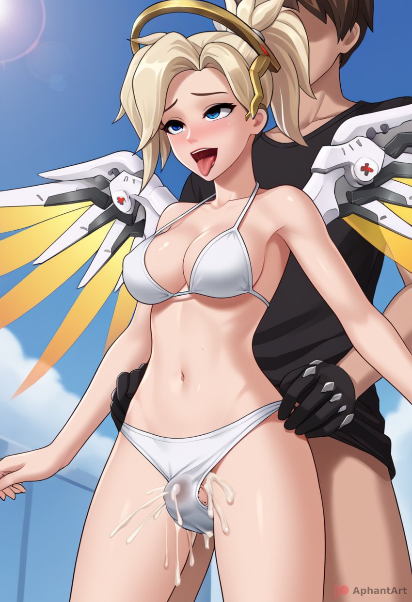 1girl1boy bikini blonde_hair cum_on_panties erection_under_clothes faceless_male mercy overwatch overwatch_2 tenting white_bikini