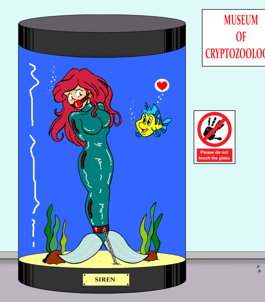 1boy 1girls alexanderlegrand ariel ball_gag bondage bound chains disney disney_princess english_text female femsub flounder fully_clothed gag heart_symbol male mermaid mermaid_suit museum png rubber rubber_clothing rubber_suit text the_little_mermaid the_little_mermaid_(1989_film) underwater water water_tank