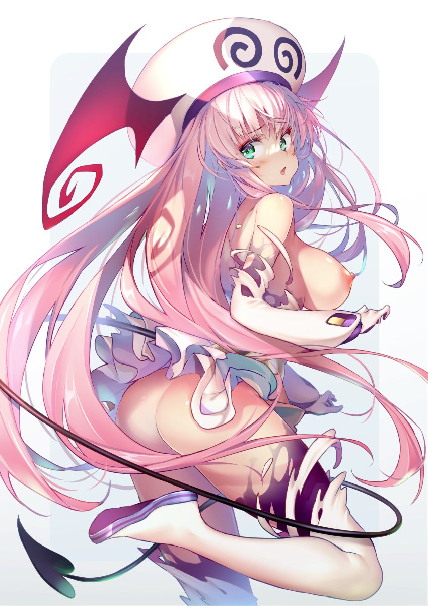 absurdres alien ass blush breasts demon_tail devil_tail female female_focus green_eyes hat highres hong_(white_spider) lala_satalin_deviluke large_breasts long_hair looking_back mid_transformation nipples open_mouth pink_hair solo tail to_love-ru