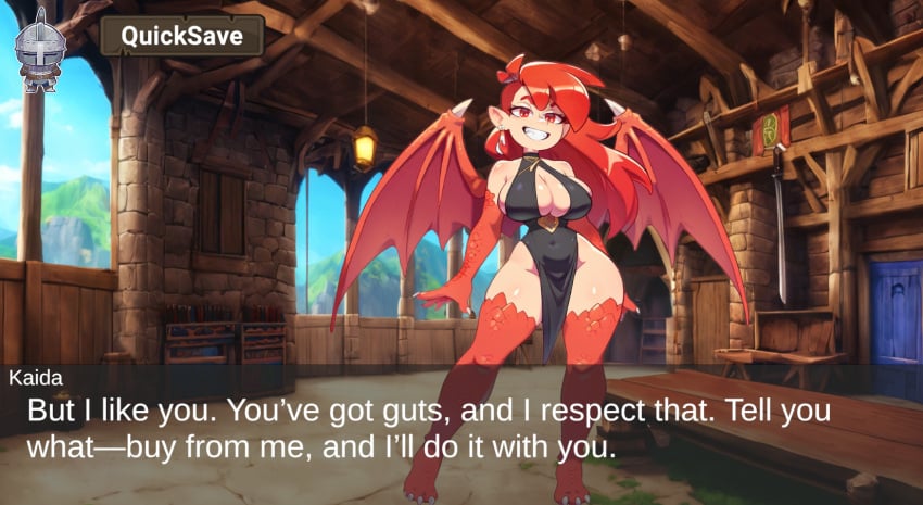 1girls big_ass big_breasts breasts dragon dragon_girl dragon_legs grin huge_breasts huge_tits human long_hair naked red_dragon red_eyes red_hair scales smug solo standing waist wings