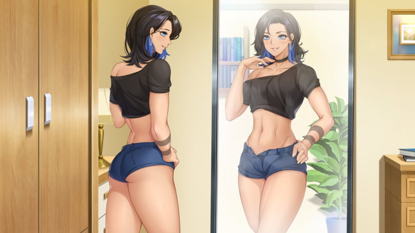 1boy black_hair blue_eyes blue_hair calum_(existence) choker crop_top crossdressing earrings existence femboy flat_chest jean_shorts male midriff mirror posing shorts sissy solo tattoo trap uosaasou