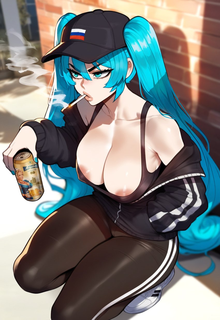 ai_generated alternate_costume angry angry_face aqua_eyes aqua_hair areola_slip areolae beer beer_can blue_eyes blue_hair blurry_background breasts cap cigarette cigarette_in_mouth cleavage covered_nipples female female_focus hatsune_miku holding_object huge_breasts jagat_ai large_breasts looking_away nipples novelai outdoors russian russian_girl slavic smoke smoking sneakers solo solo_female squatting track_jacket track_pants track_suit twintails vocaloid