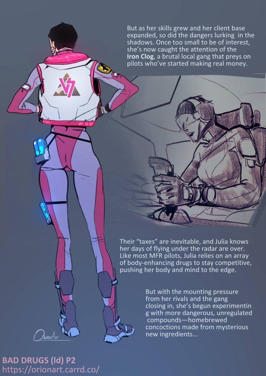 athletic_female body_modification bodysuit breasts_expansion clothed concept_art corruption flat_chest mutagen no_nude original_character orionart round_ass science_fiction short_hair slender_body story tight_clothing tight_suit transformation