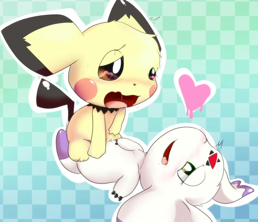 blush clyndemoon crossover culumon digimon digimon_(species) digimon_tamers drooling duo female fur green_eyes half-closed_eyes heart hi_res interspecies mammal nintendo open_mouth pichu pokemon pussy pussy_juice rodent saliva saliva_string sex tongue tribadism video_games yellow_fur yuri