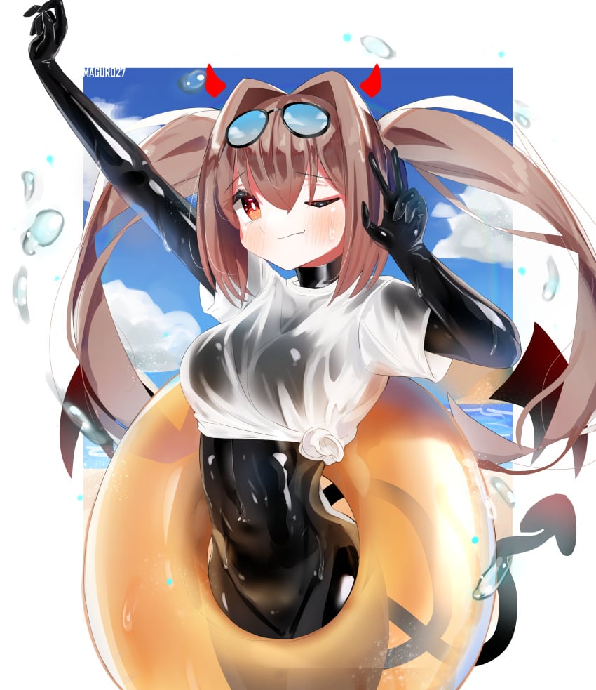 absurdres beach bodysuit bodysuit_under_clothes breasts brown_hair highres inflatable_toy latex latex_bodysuit maguro27 medium_breasts ocean one_eye_closed original pointy_chin red_eyes shirt skin_tight smile tail wet wet_clothes wet_shirt