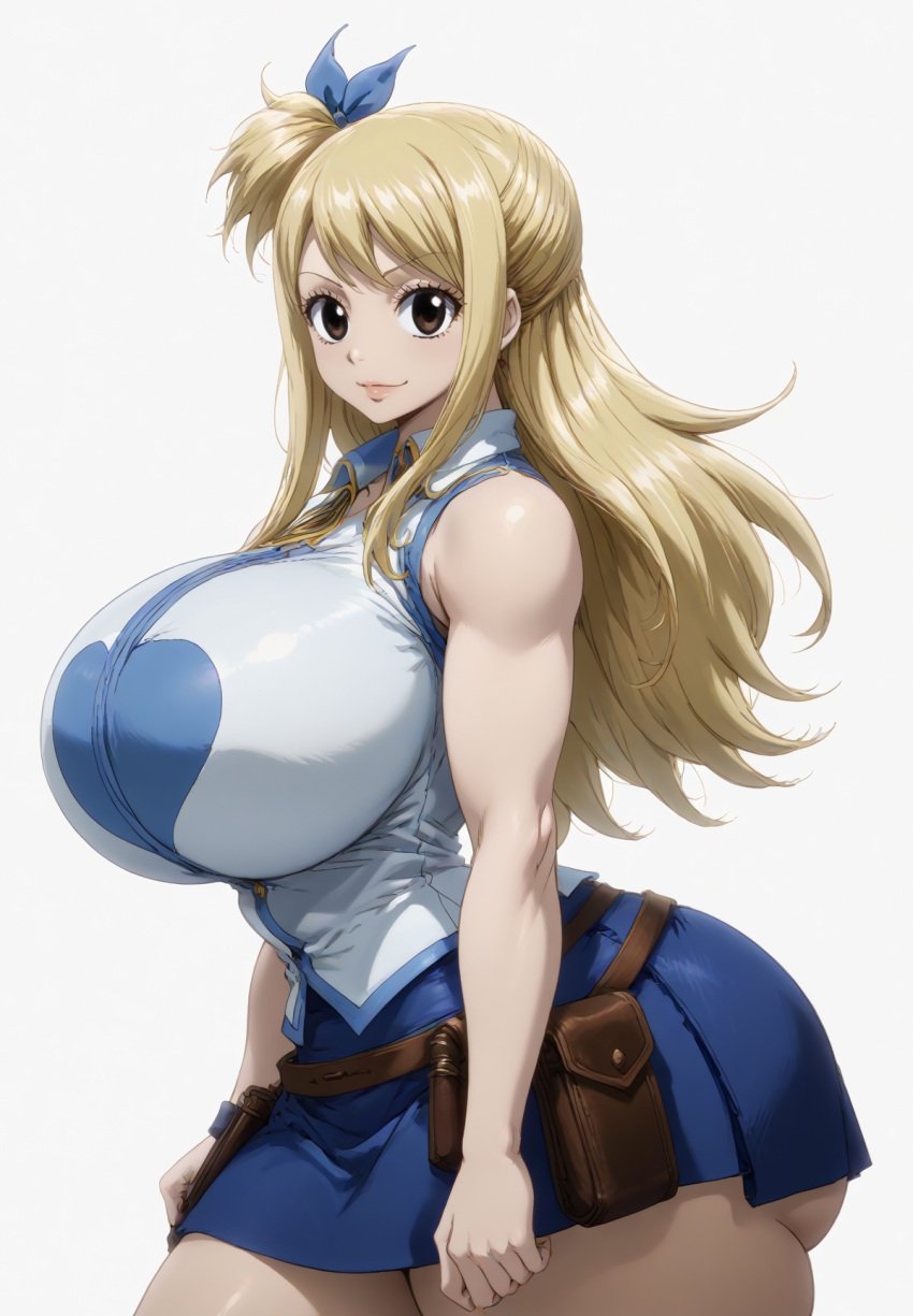 ai_generated ass big_ass big_breasts blonde_hair blue_skirt breasts fairy_tail huge_ass huge_breasts hyper_ass hyper_breasts lucy_heartfilia short_skirt skirt sleeveless