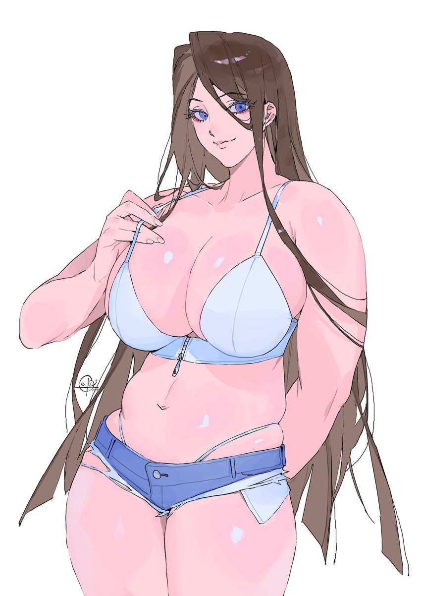 big_breasts big_hips blue_eyes bra brown_hair jean_shorts jeans long_hair mito609 oc original original_character short_shorts shorts white_bra