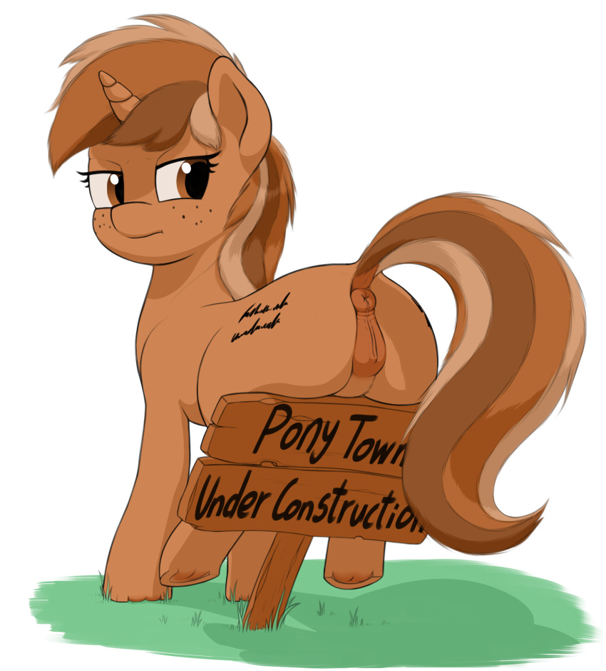 2016 alpha_channel anatomically_correct anatomically_correct_pussy animal_genitalia animal_pussy anus ass brown_eyes brown_hair dock english_text equine equine_pussy fan_character female feral freckles hair hi_res hooves horn mammal my_little_pony pussy sign sign_(character) simple_background solo text transparent_background unicorn zippysqrl